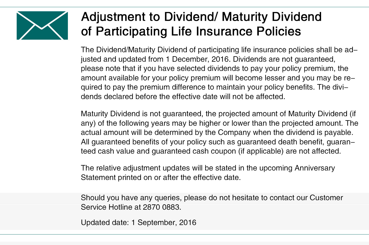 Adjustment to Dividend/ Maturity Dividend of Participating Life